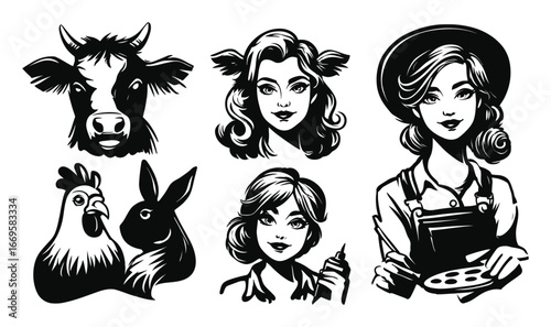 Vintage Illustrations of Farm Animals and Agricultural Women Art