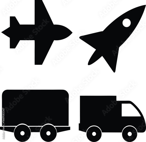 Collection of four minimalist black fill vector icons representing different modes of transport