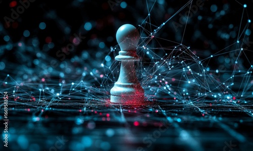 Strategic hand positioning a single chess pawn on a complex web of interconnected lines. This image symbolizes networked decisions and AI strategy, reflecting the calculated, Generative AI