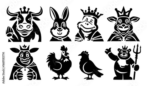 Royal Animal Characters in Black and White Silhouettes Design