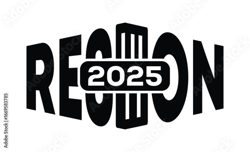 Minimalist black and white graphic design featuring bold "RESOLUTION 2025" text in sans-serif font with layered 3D effect. Modern, clean, and impactful style on a pure white background.