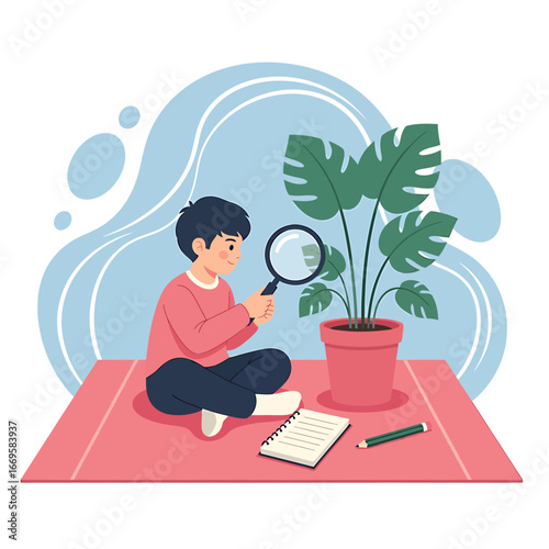 A curious young boy in a pink sweater sits cross-legged, examining a potted Monstera plant with a magnifying glass.