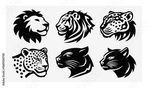 Black Silhouette Animal Heads in Artistic Style for Graphic Design Use