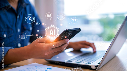 Foto Person using smartphone and laptop with AI technology icons and data flow graphi