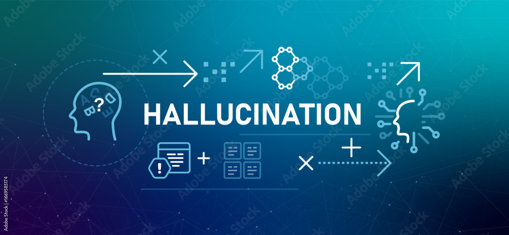 Fototapeta premium Hallucination in artificial intelligence icons representing an AI head with confused letters AI model generates false or misleading information highlighting challenge in reliability and accuracy