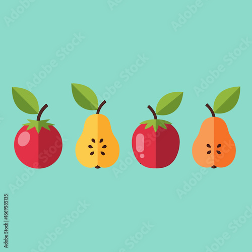 Stylized flat design red apples and yellow orange pears with green leaves, vector illustration.