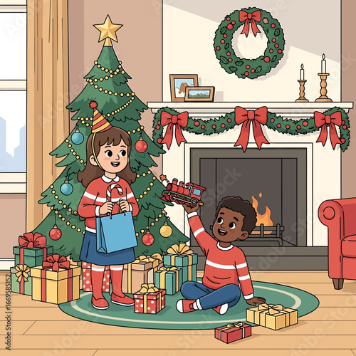 Smiling children, a girl holding a gift and a boy playing with a toy train, by a decorated Christmas tree.