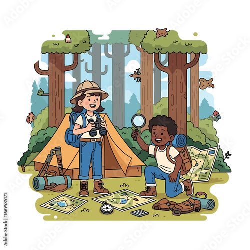 Two diverse children, a boy and girl, on a cartoon camping adventure, exploring a forest with maps, a tent, and binoculars.