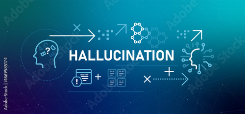 Hallucination in artificial intelligence icons representing an AI head with confused letters AI model generates false or misleading information highlighting challenge in reliability and accuracy
