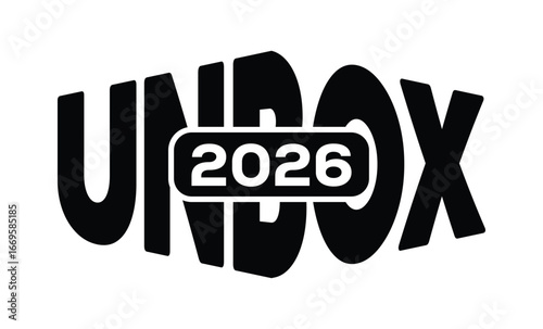 Minimalist black and white graphic design featuring bold "UNBOX 2025" text in sans-serif font with layered 3D effect. Modern, clean, and impactful style on a pure white background.