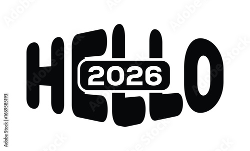 Minimalist black and white graphic design featuring bold "HELLO 2025" text in sans-serif font with layered 3D effect. Modern, clean, and impactful style on a pure white background.