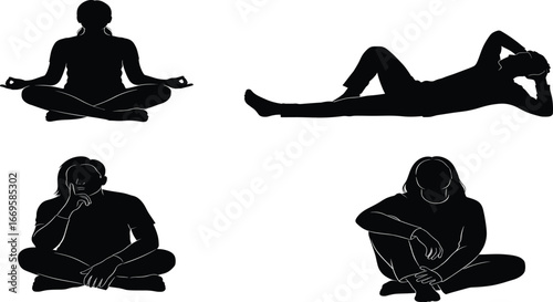 Silhouette of people sitting and lying down, meditation pose, relaxed posture, casual lifestyle, group diversity, calm, mindfulness, wellness, peace, black vector illustration