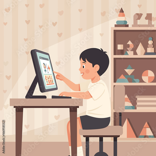 Young boy with black hair learning online, happily pointing at a computer tablet screen while sitting at a desk.