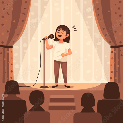 Young Girl Singing Enthusiastically into Microphone on Stage.