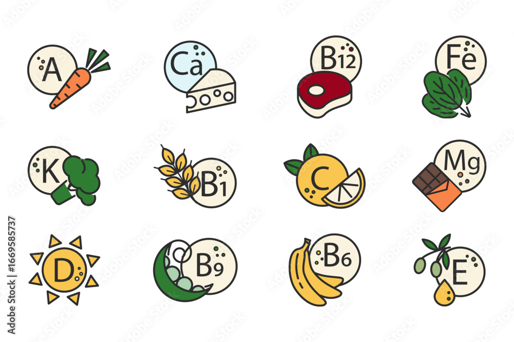 Fototapeta premium Vitamin, Nutrient, Mineral Line Icons. Retinol, Tocopherol, Folic Acid, Thiamine, and Foods Containing Them. Vector Illustration. Editable Stroke.