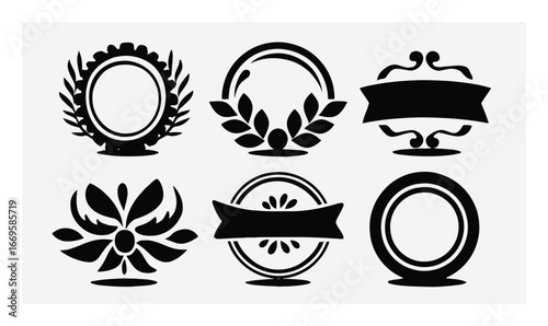 Elegant Decorative Frames and Badges in Black Silhouette Style