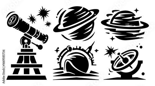 Retro Space Exploration Icons Featuring Telescope, Planet, and Stars