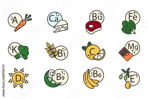 Vitamin, Nutrient, Mineral Line Icons. Retinol, Tocopherol, Folic Acid, Thiamine, and Foods Containing Them. Vector Illustration. Editable Stroke.