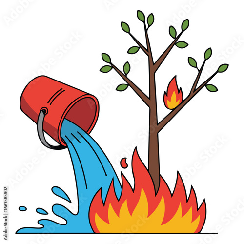 Put out fire with bucket of water forest fires vector illustration