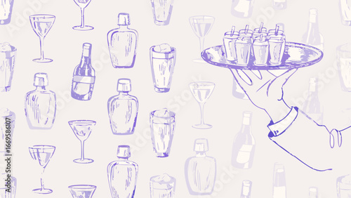 Seamless pattern featuring various alcoholic beverages and a hand holding a tray of drinks