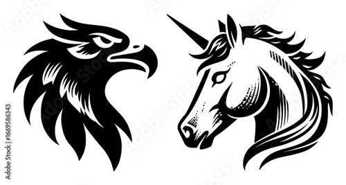 Bold and Artistic Illustrations of Eagle and Unicorn Heads in Profile