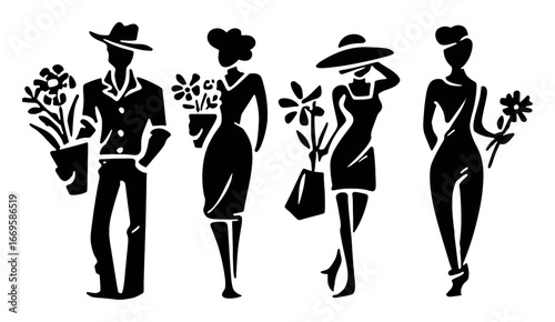Stylish Silhouettes of People Holding Flowers in Various Outfits