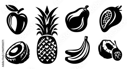 Collection of Tropical Fruits and Healthy Vegan Food Illustrations