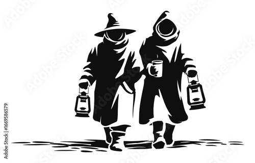 Two Travelers Walking Together at Night with Lanterns in the Dark