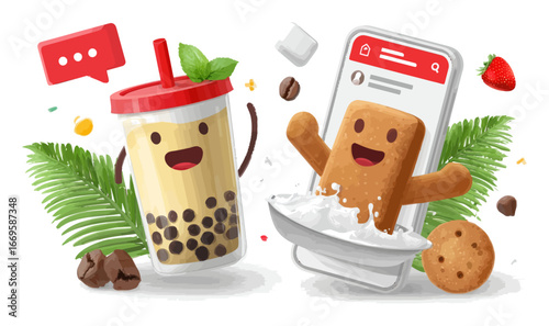 Cheerful 3D Cartoon Snack and Drink Characters with Fun Elements