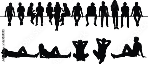 Silhouettes of people sitting, relaxing, talking, group of men and women, casual poses, communication, leisure time, social interaction, outdoor scene, vector illustration