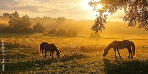 Peaceful countryside with horses grazing in golden morning light Stock photo