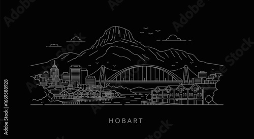 Hobart Tasmania Line Art with City Skyline, and Black.