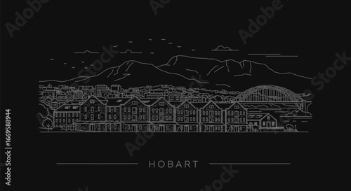Hobart with Tasmania, Line Art, Cityscape, and Dark Mode.