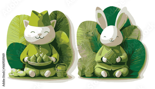 Cute Papercut Style Illustration of Cat and Rabbit Characters