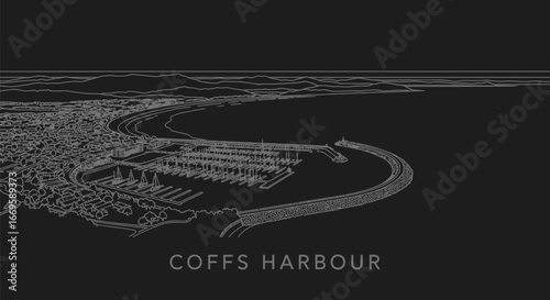 Coffs Harbour marina with Australia Line art.