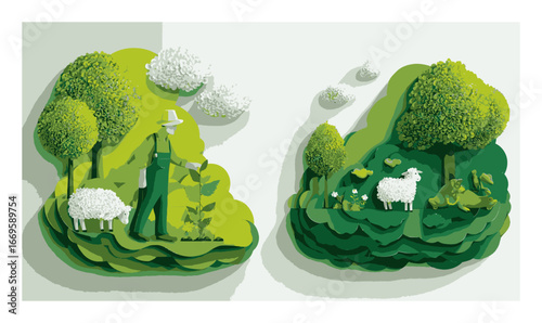 Lush Green Landscapes Featuring Farmer and Sheep with Paper Cut Style