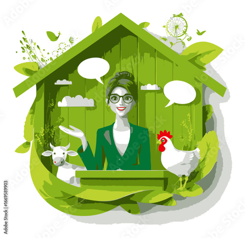 Vibrant Woman in Green House with Animals and Nature Elements Illustration