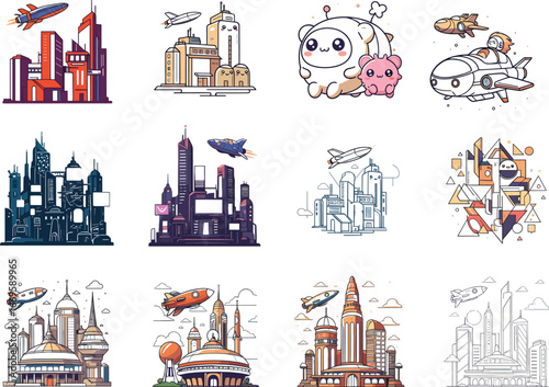 Futuristic cityscape illustrations with rockets, airplanes, space characters, modern buildings, cartoon style, sci-fi urban design, technology, innovation, and space exploration
