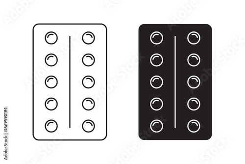 Capsule blister pack icon in black and white, medical pill symbol for healthcare use