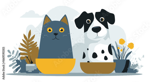 Cute cartoon cat and dog sitting together in colorful bowls with plants