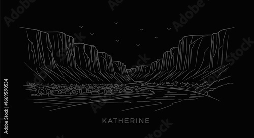 Canyon line art with landscape illustration.