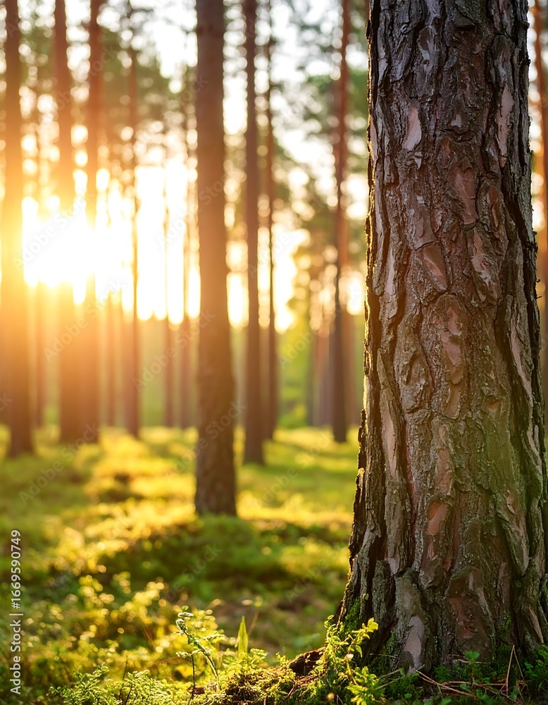 Obraz premium Sunlight filtering through a pine forest (1)