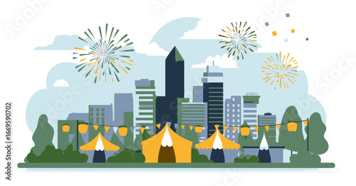 Colorful Flat Cartoon City Skyline with Festive Tents and Fireworks