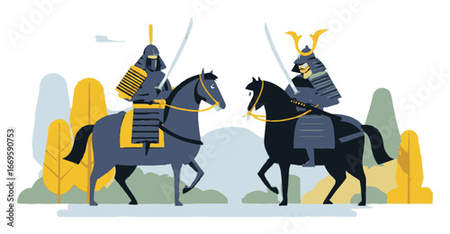 Cartoon Samurai Warriors on Horses Facing Each Other in a Flat Style