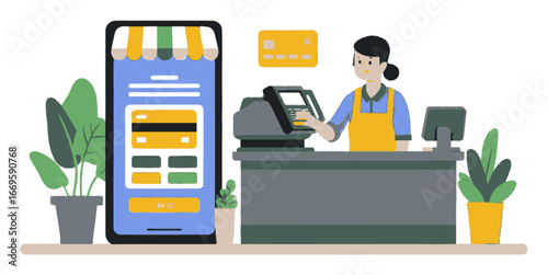Cartoon Illustration of Modern Payment Checkout with Customer Interaction