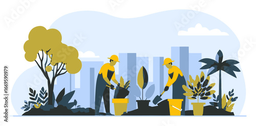 Cartoon Illustrations of Gardeners Planting in a City Environment