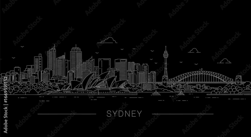 Obraz premium Sydney Skyline Line Art with Cityscape, and Australia.