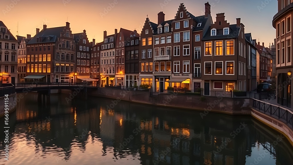 Historic European canal at dusk with golden reflections on the water. Historic European canal at dusk with golden reflections on the water.