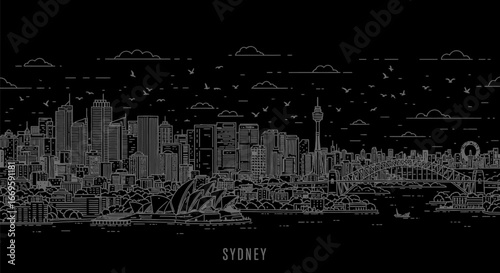 Sydney Skyline Outline with Cityscape, and Australia.