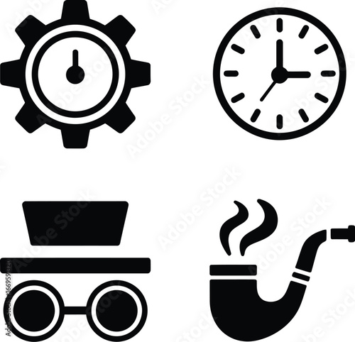 Time Management Icons Clock Gear Pipe Glasses Hat  Productivity  Efficiency Symbols